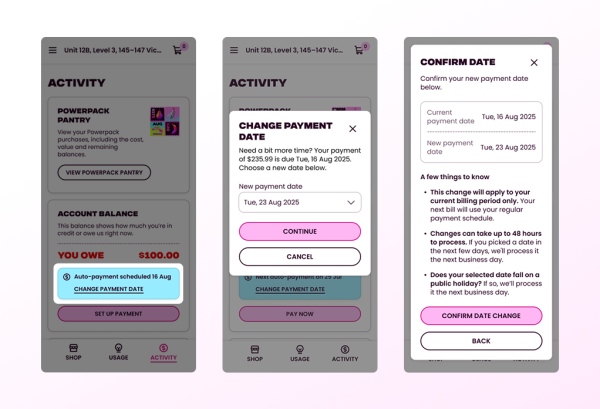 sreenshots displaying how to move payment date