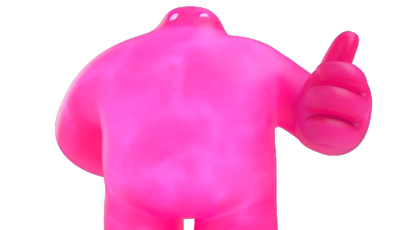 Large pink mascot doing a thumbs up